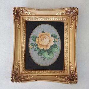 Fine Stitches Petit Point Yellow Rose in Ornate Plastic Frame Vintage 💛
